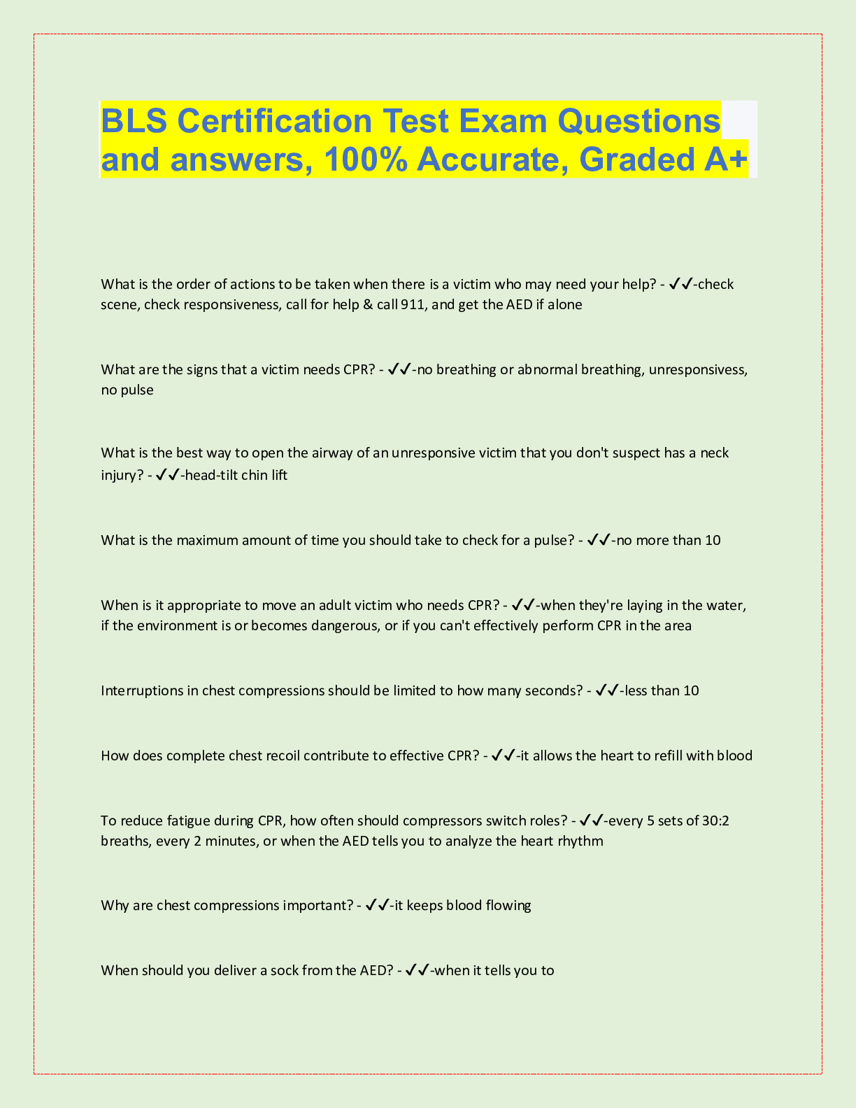 Preview image for BLS Certification Test Exam Questions  and answers, 100% Accurate, Graded A+